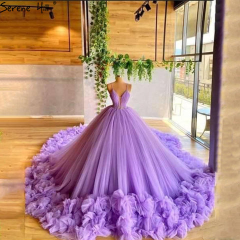Vestido de novia de lujo sin mangas con flores abullonadas moradas 2025, vestido de novia sexy de tul con tirantes finos HA2487 