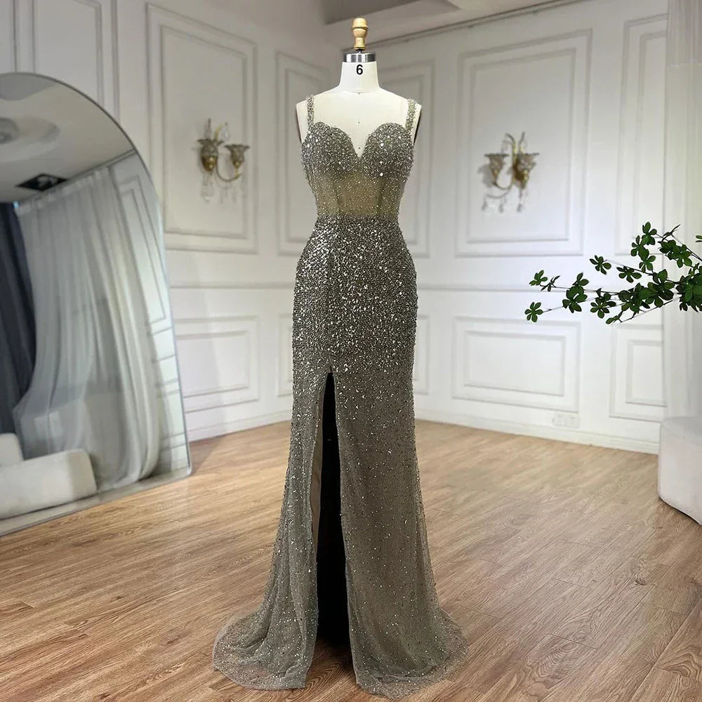 Purple Spaghetti Straps Mermaid Beaded Party High Split Evening Dresses Gowns for Woman Wedding Party 2025 LA72454