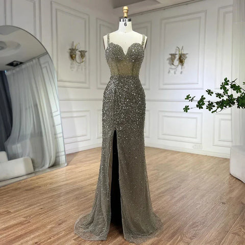 Vestido de noche morado con tirantes finos, corte sirena, cuentas y abertura alta para mujer, para boda, 2025, LA72454 