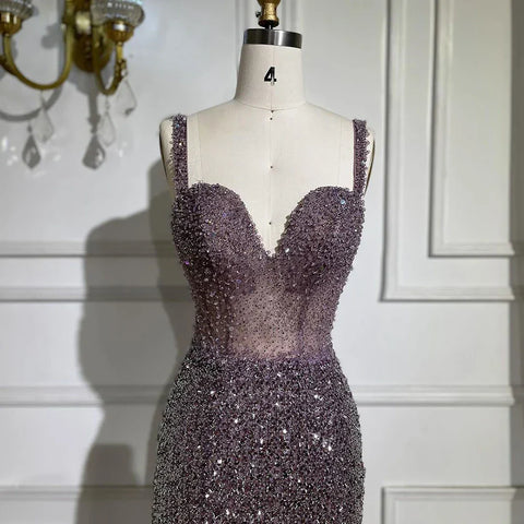 Vestido de noche morado con tirantes finos, corte sirena, cuentas y abertura alta para mujer, para boda, 2025, LA72454 