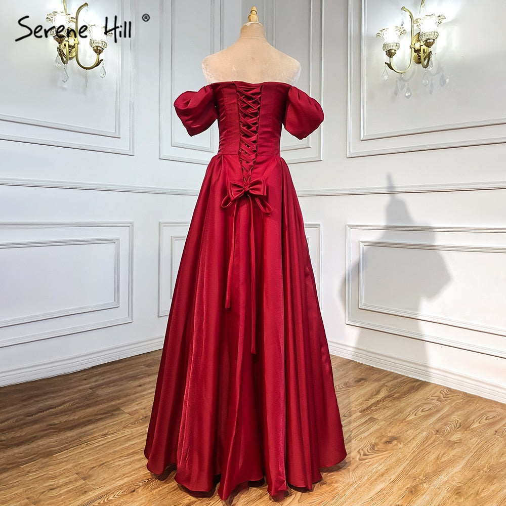 Red A-Line Satin Evening Dresses Gowns 2025 Simple Off Shoulder Sexy For Women Party LA71286