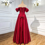 Red A-Line Satin Evening Dresses Gowns 2025 Simple Off Shoulder Sexy For Women Party LA71286