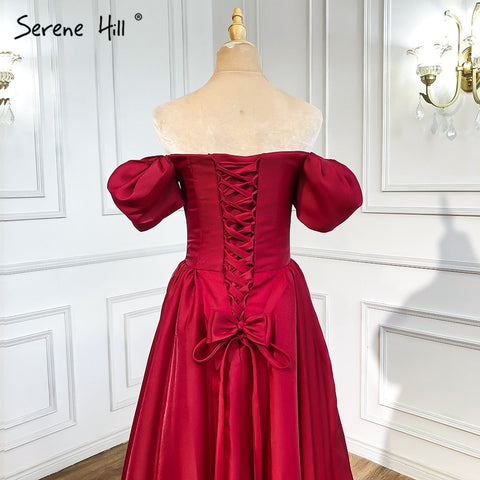 Vestidos de noche rojos de satén con corte en A, sencillos, con hombros descubiertos y sexys, para mujer, para fiestas, LA71286 