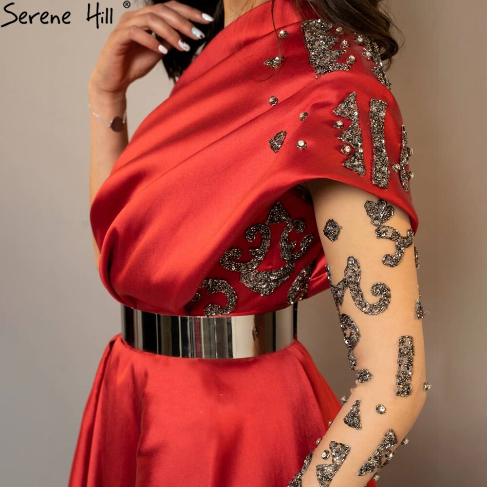 Red Beaded  Satin A-Line Sexy Evening Dresses Gowns 2025 One Shoulder For Woman Party LA71136