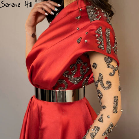 Vestido de noche sexy de satén rojo con cuentas, corte A, un hombro, para mujer, fiesta, LA71136 