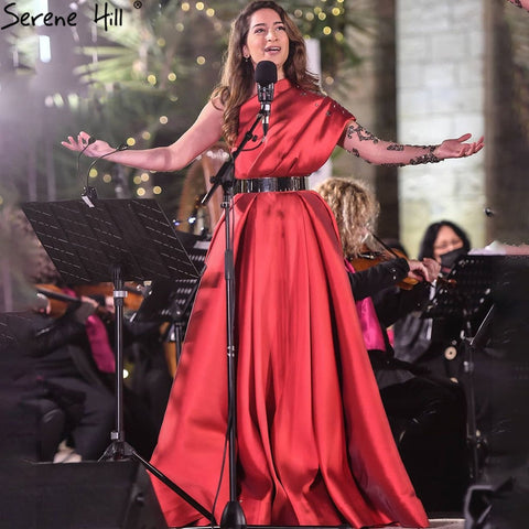 Vestido de noche sexy de satén rojo con cuentas, corte A, un hombro, para mujer, fiesta, LA71136 