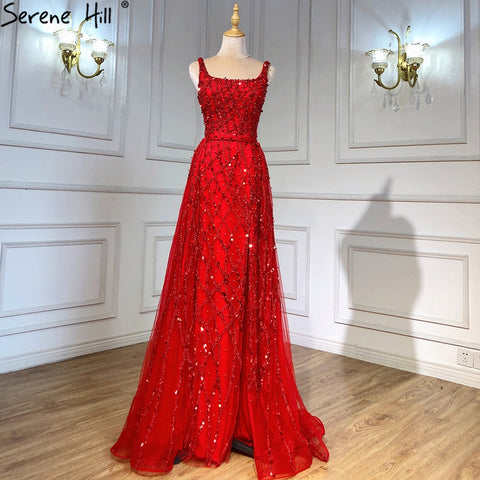 Red Beaded Split Mermaid Luxury Evening Dress Gown Sleeveless LA70765
