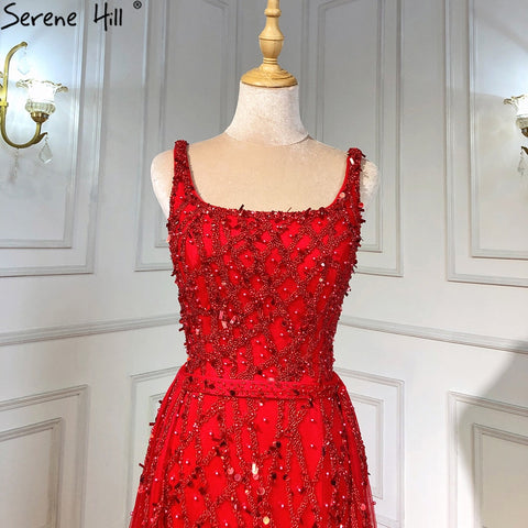 Red Beaded Split Mermaid Luxury Evening Dress Gown Sleeveless LA70765