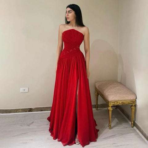 Vestido de noche elegante de gasa roja sin mangas con abertura, de lujo, estilo árabe de Dubái, para mujer, para boda, graduación, fiesta, 2025, LA72537