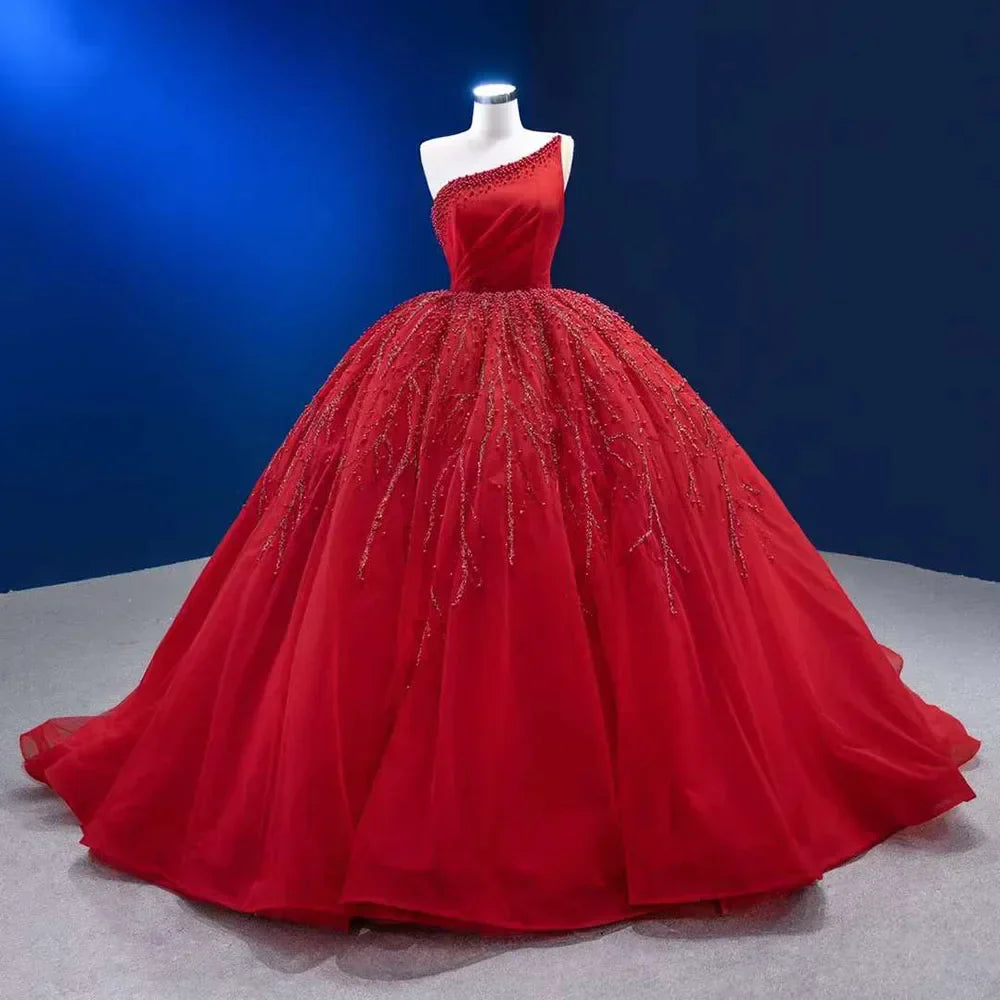 Red Elegant One Shoulder Lace Up Pearls Beaded Luxury Bride Gowns Wedding Dress 2025 High End Custom Made HM222191