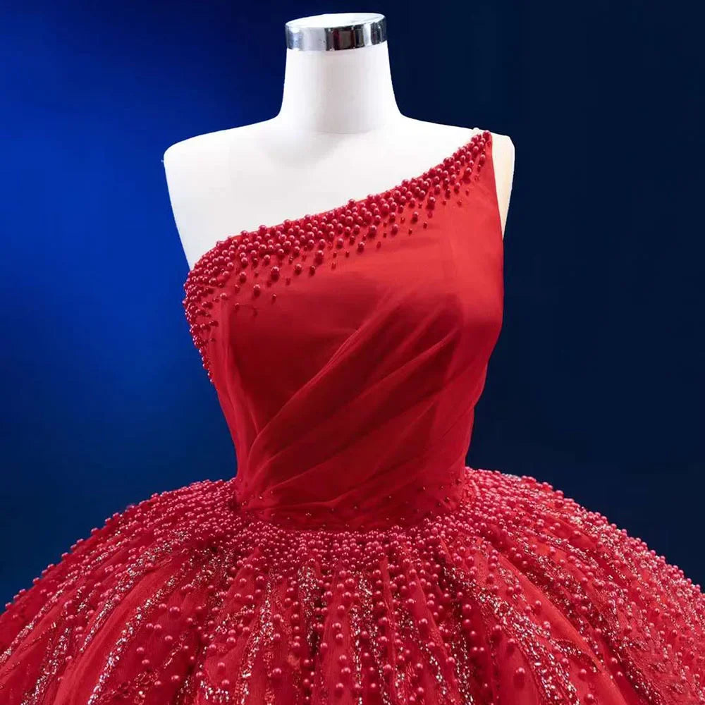 Red Elegant One Shoulder Lace Up Pearls Beaded Luxury Bride Gowns Wedding Dress 2025 High End Custom Made HM222191