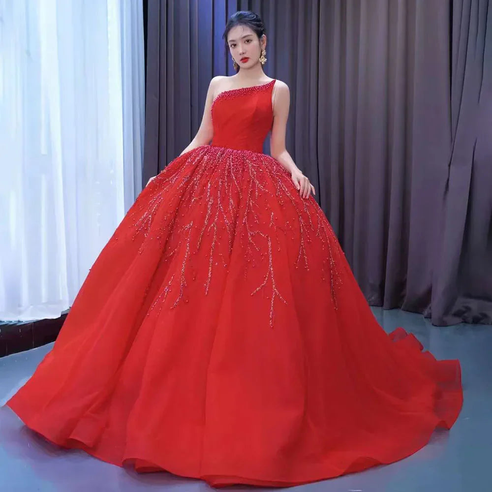 Red Elegant One Shoulder Lace Up Pearls Beaded Luxury Bride Gowns Wedding Dress 2025 High End Custom Made HM222191