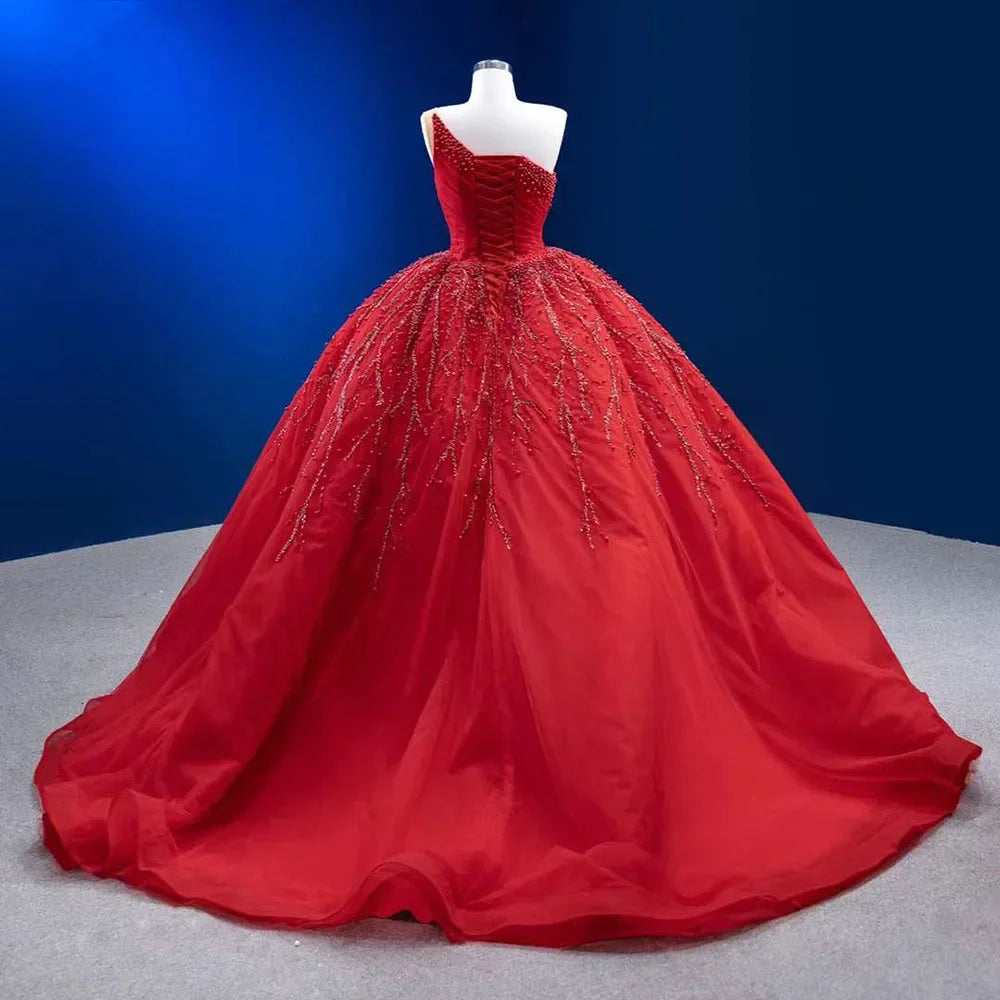 Red Elegant One Shoulder Lace Up Pearls Beaded Luxury Bride Gowns Wedding Dress 2025 High End Custom Made HM222191