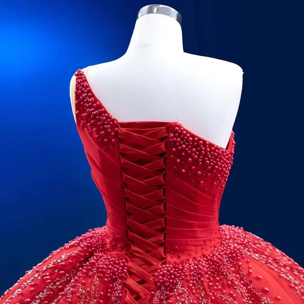 Red Elegant One Shoulder Lace Up Pearls Beaded Luxury Bride Gowns Wedding Dress 2025 High End Custom Made HM222191