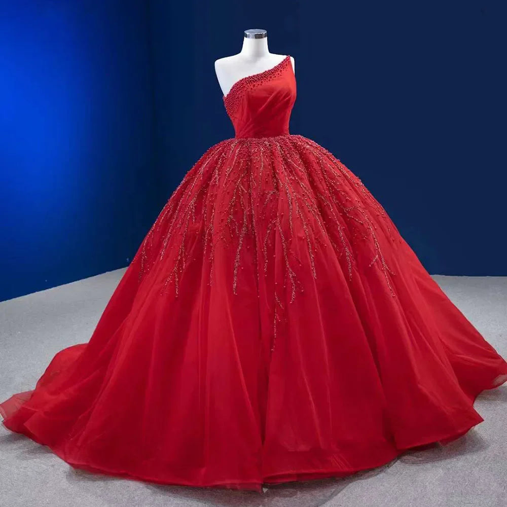 Red Elegant One Shoulder Lace Up Pearls Beaded Luxury Bride Gowns Wedding Dress 2025 High End Custom Made HM222191