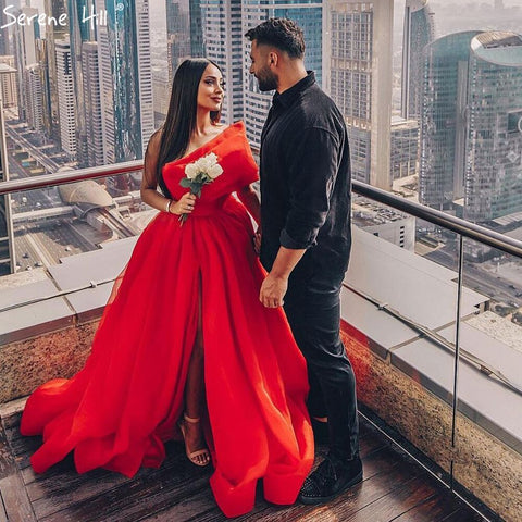 Vestido de noche rojo con abertura alta, sexy, corte A, un hombro, sencillo, formal, LA71114 