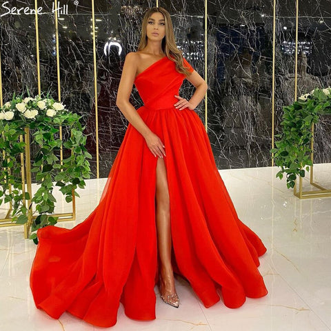 Vestido de noche rojo con abertura alta, sexy, corte A, un hombro, sencillo, formal, LA71114 