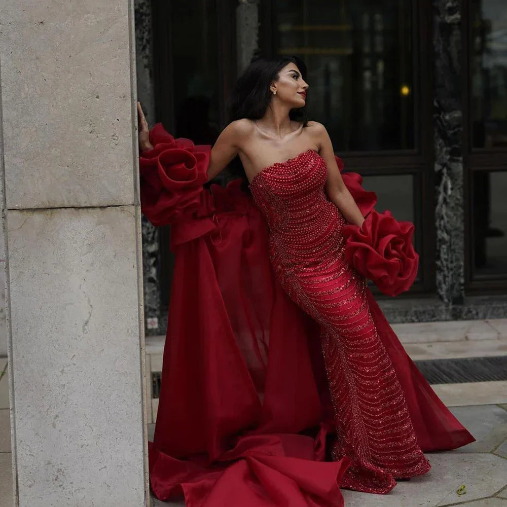 Red Long Cape Mermaid Evening Dresses Gowns with Puff Sleeves Beaded Overskirt and Design for Women's Party LA72585