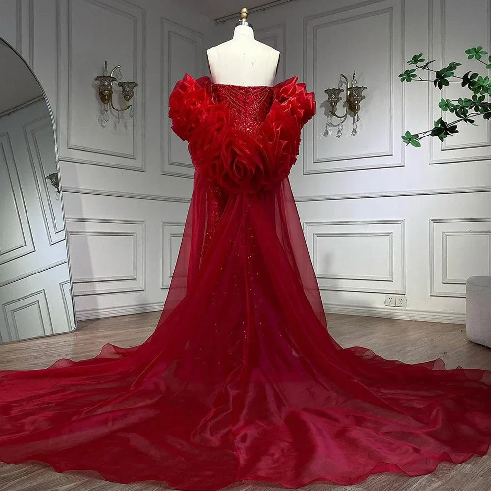 Red Long Cape Mermaid Evening Dresses Gowns with Puff Sleeves Beaded Overskirt and Design for Women's Party LA72585