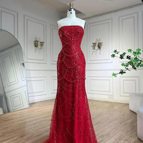 Vestido de noche largo estilo sirena con capa roja, mangas abullonadas y sobrefalda con cuentas, ideal para fiestas femeninas LA72585 