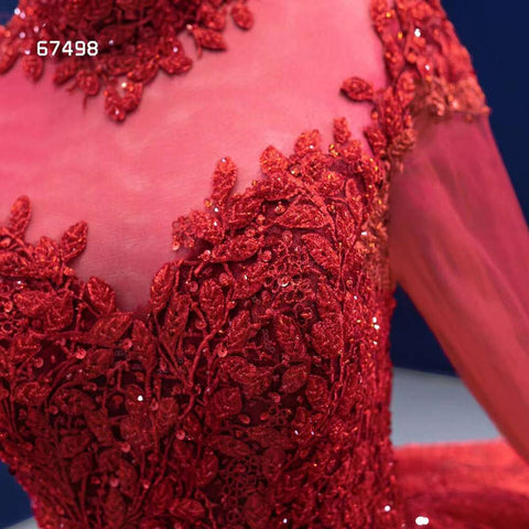 Vestido de novia rojo de manga larga con encaje de lujo y cuentas, vestido de novia 2025 de alta gama, hecho a medida HM67498 