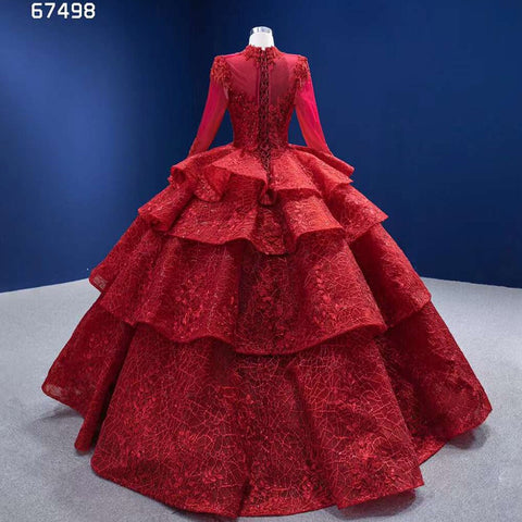 Vestido de novia rojo de manga larga con encaje de lujo y cuentas, vestido de novia 2025 de alta gama, hecho a medida HM67498 