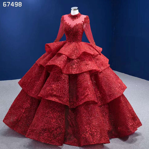 Vestido de novia rojo de manga larga con encaje de lujo y cuentas, vestido de novia 2025 de alta gama, hecho a medida HM67498 