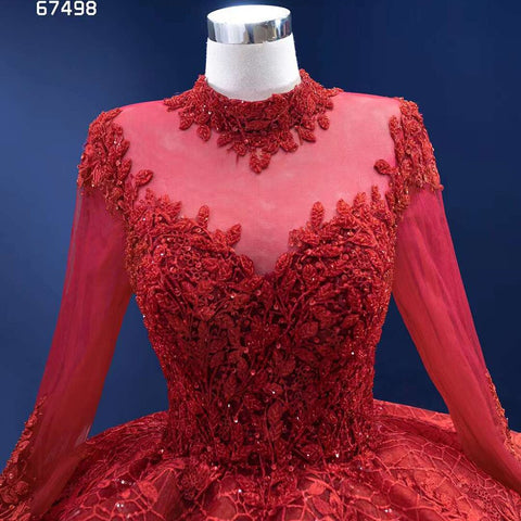 Vestido de novia rojo de manga larga con encaje de lujo y cuentas, vestido de novia 2025 de alta gama, hecho a medida HM67498 