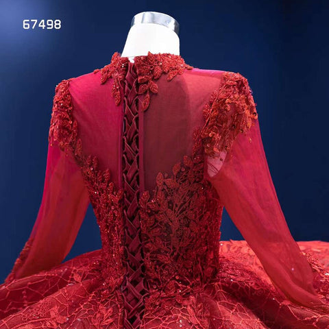 Vestido de novia rojo de manga larga con encaje de lujo y cuentas, vestido de novia 2025 de alta gama, hecho a medida HM67498 