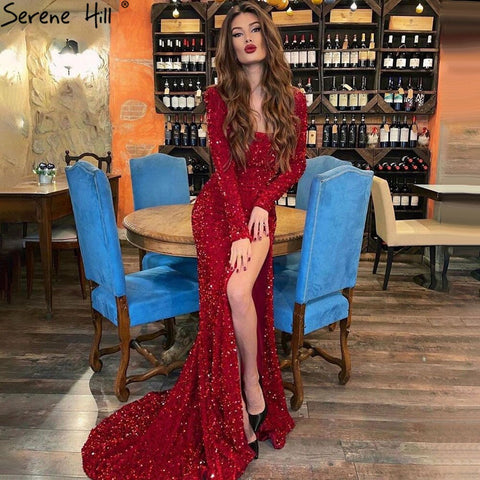 Vestidos de noche de lujo con corte sirena rojo, brillantes, elegantes y sexis, para mujer, para fiesta, LA71046 