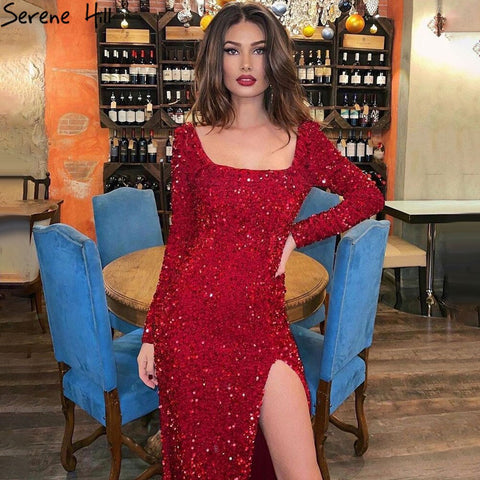 Vestidos de noche de lujo con corte sirena rojo, brillantes, elegantes y sexis, para mujer, para fiesta, LA71046 