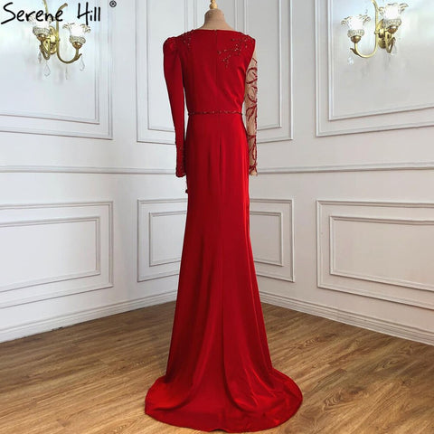 Vestido de noche rojo de sirena con abertura, 2025, satén con cuentas, elegante y sexy para mujer, fiesta LA70992 