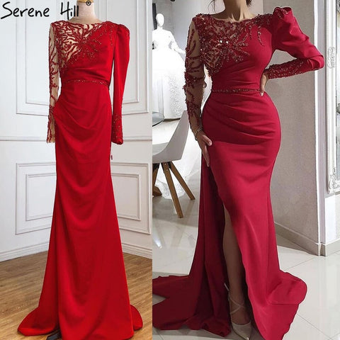 Vestido de noche rojo de sirena con abertura, 2025, satén con cuentas, elegante y sexy para mujer, fiesta LA70992 