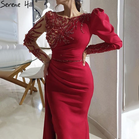 Vestido de noche rojo de sirena con abertura, 2025, satén con cuentas, elegante y sexy para mujer, fiesta LA70992 
