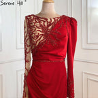 Red Mermaid Split Evening Dresses Gowns 2025 Satin Beading Elegant Sexy For Women Party LA70992