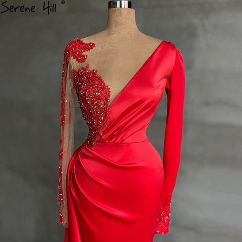 Vestido de noche musulmán rojo con corte sirena y abertura, 2025, satén con cuentas, elegante para mujer, fiesta LA71032 