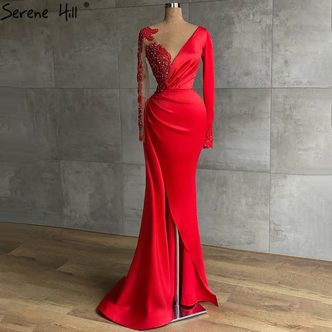 Vestido de noche musulmán rojo con corte sirena y abertura, 2025, satén con cuentas, elegante para mujer, fiesta LA71032 