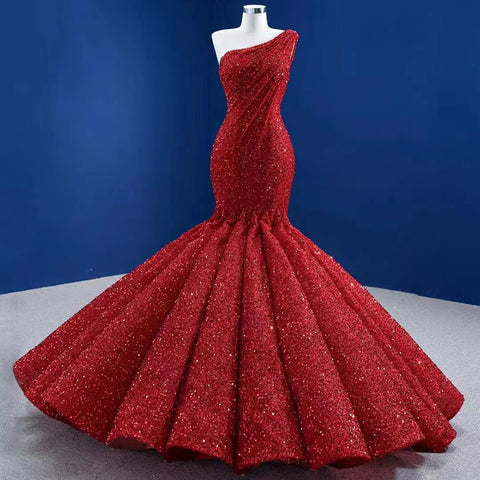 Vestidos de noche rojos de lujo con un solo hombro, lentejuelas y cuentas, sirena, elegantes vestidos de novia para fiesta, HM67447 
