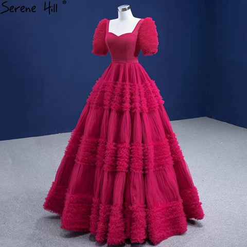 Vestidos de novia rojos con mangas abullonadas 2025, con volantes, sexys, con cordones, HM67361, hechos a medida 