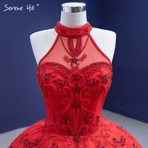 Vestidos de novia de lujo con volantes rojos y cuentas 2025, sin mangas, con cordones, sexys, HM67324, hechos a medida 