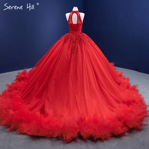 Vestidos de novia de lujo con volantes rojos y cuentas 2025, sin mangas, con cordones, sexys, HM67324, hechos a medida 