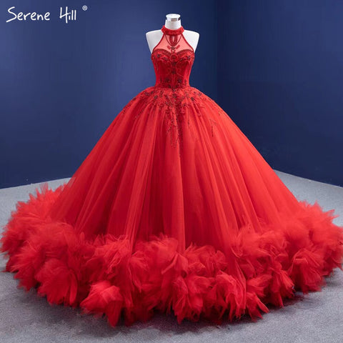 Vestidos de novia de lujo con volantes rojos y cuentas 2025, sin mangas, con cordones, sexys, HM67324, hechos a medida 