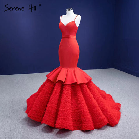 Vestidos de novia sirena con volantes rojos 2025, tirantes finos, elegantes y sexys, HM67311, hechos a medida 