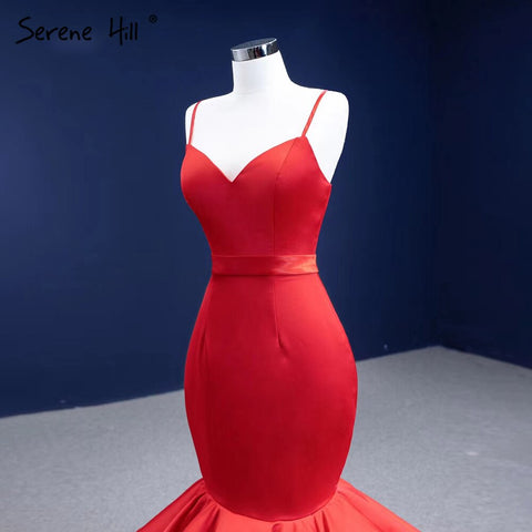 Vestidos de novia sirena con volantes rojos 2025, tirantes finos, elegantes y sexys, HM67311, hechos a medida 