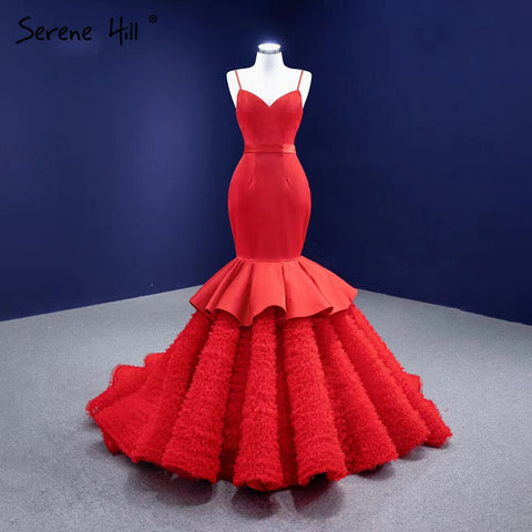 Vestidos de novia sirena con volantes rojos 2025, tirantes finos, elegantes y sexys, HM67311, hechos a medida 