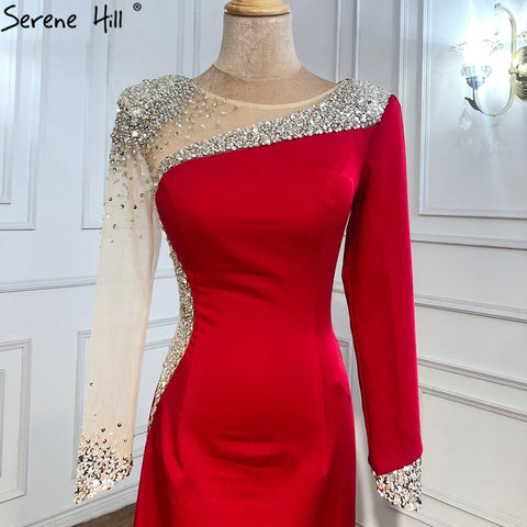 Vestidos de noche de sirena de satén rojo 2025, elegantes y sexys con cuentas para mujer, para bodas y fiestas LA71152 