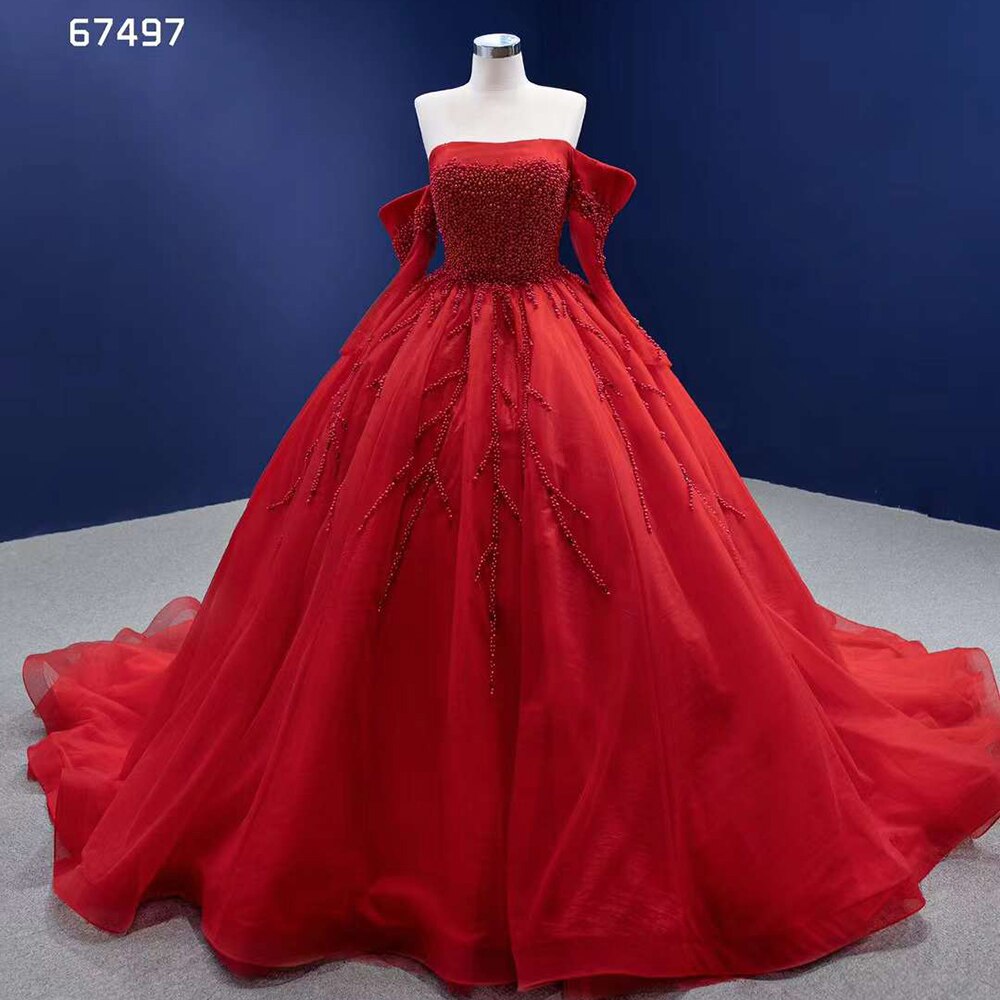Red Sexy Off Shoulder Pearls Luxury Beaded Ball Gown Bride Gowns Wedding Dress 2025 High End Custom Made HM67497