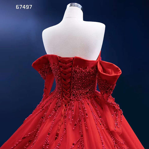 Vestido de novia rojo sexy con hombros descubiertos, perlas y cuentas de lujo, vestido de novia 2025 de alta gama, hecho a medida HM67497 