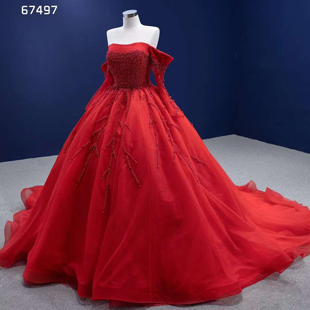 Red Sexy Off Shoulder Pearls Luxury Beaded Ball Gown Bride Gowns Wedding Dress 2025 High End Custom Made HM67497
