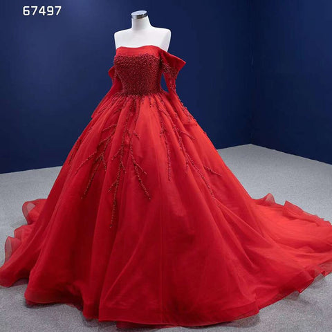 Vestido de novia rojo sexy con hombros descubiertos, perlas y cuentas de lujo, vestido de novia 2025 de alta gama, hecho a medida HM67497 